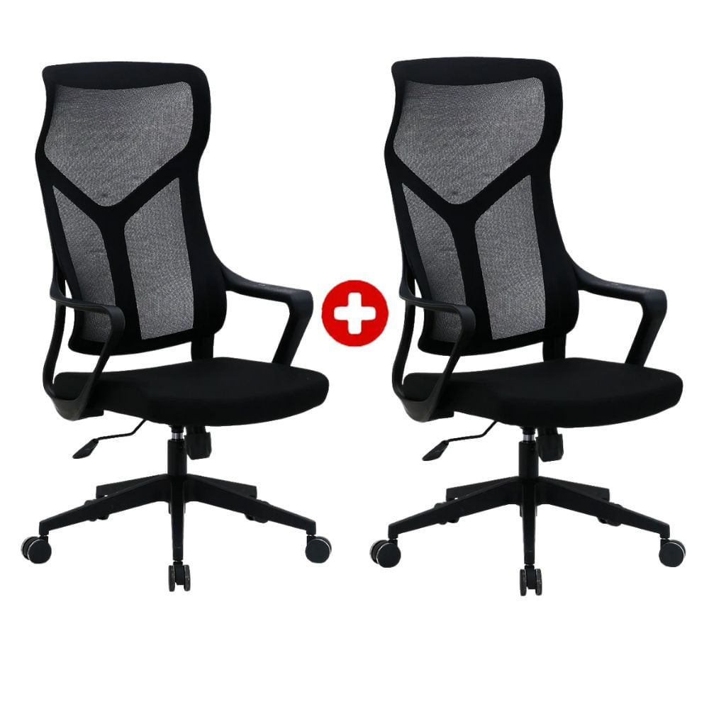 Combo: 2 Sillas ergonómicas Komsum Lyon, respaldo malla transpirable, estructura polipropileno + metal, sistema de balanceo, negro